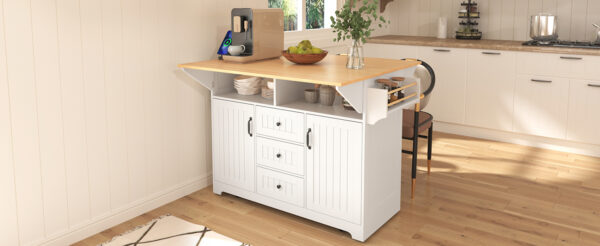 K&K 55.7'' Large Kitchen Island with 2 Drop Leaf,, Rolling Kitchen Cart on 5 Wheels with Power Outlet, Folding Storage Dining Table with Spice & Towel Rack , 3 Drawers, for Kitchen, Dining Room,White