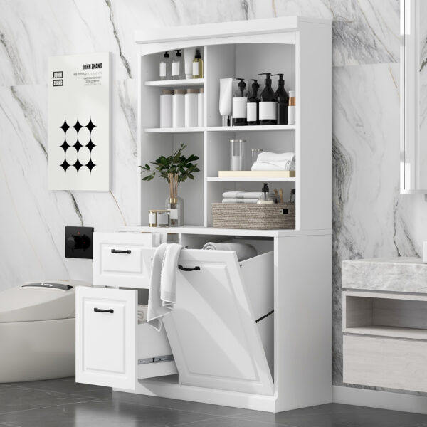 Bathroom Storage Cabinet with Tilt-Out Hamper, 70.9'' Tall Free Standing Organizer with Drawers & Adjustable Shelves, MDF Linen Tower with Steel Handles, White Finish