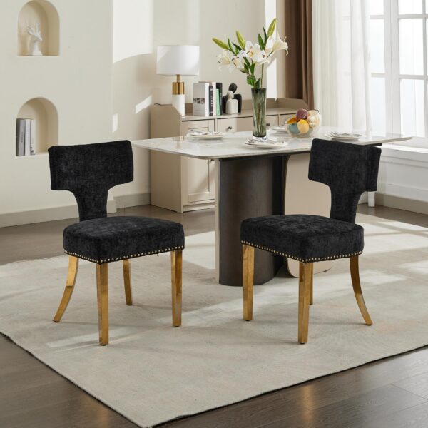 Mid Century Modern Dining Chairs Set of 2, Farmhouse Chenille Fabric Upholstered Accent Chair Curved Backrest with Copper Nails around,Kitchen Chairs with Golden Stainless Steel Plating Legs, Black