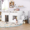 TWIN BED, SOLID WOOD TWIN SIZE LOW LOFT BED WITH STAIR, DRAWER, AND SHELF OF WHITE COLOR
