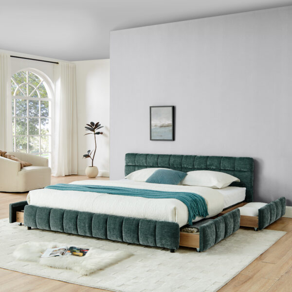 1ded9b1db76e49feb96c2ddbf448b00c_84452e2bae54b22d8a8e6d4bd11b313d King Size Upholstered Bed ,comfortable upholstered bed frame, Chenille fabric, with headboard and solid bed frame. With drawer for storage-green(88.5''*85.5''*31'')