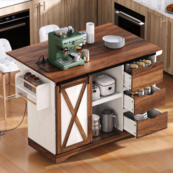 K&K 55.5" Farmhouse Kitchen Island with Drop Leaf, Kitchen Storage Island with Barn Door, Power Outlet, Rolling Kitchen Cart on Wheels with Spice Rack, for Home, Kitchen, Dining Room, White