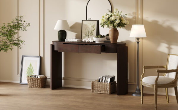 TREXM Entryway Table with Natural Wood Grain Finish, Console Table with Fluted Design, Oval Top and 2 Drawers for Entryway and Living Room (Espresso)