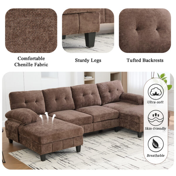 U-shaped Sectional Sofa 103.5" Chenille Fabric Couch with Dual Chaise Lounges, Storage Pockets and Armrest Pillows for Living Room, Brown
