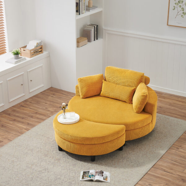 51-inch beige corduroy sofa with two throw pillows and a waist pillow with an extra tray for comfortable seating suitable for small apartment bedroom space