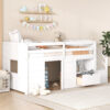 TWIN BED, SOLID WOOD TWIN SIZE LOW LOFT BED WITH STAIR, DRAWER, AND SHELF OF WHITE COLOR