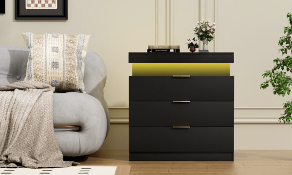 Nightstand with Charging Station and LED Lights,Night Stand with Sliding Top for Bedroom,Bedside Table with Drawers,Modern End Side Table,Black.28.8''W x 17''D x 30.5''H.