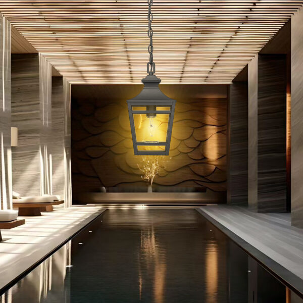 Outdoor Pendant Light E26 Socket, 14.5'' Modern Exterior Hanging Light Fixture with Clear Glass, Farmhouse Black Metal Outside Chandelier for Patio Front Porch Foyer Entryway (1 pack)