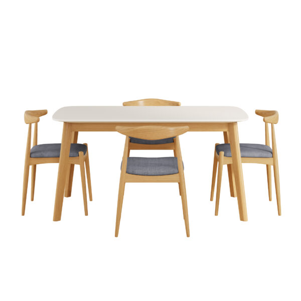 5-Piece Mid-Century Modern Dining Set - Solid Wood Frame Table + 4 Beige Upholstered Chairs(White Oak+Gray)