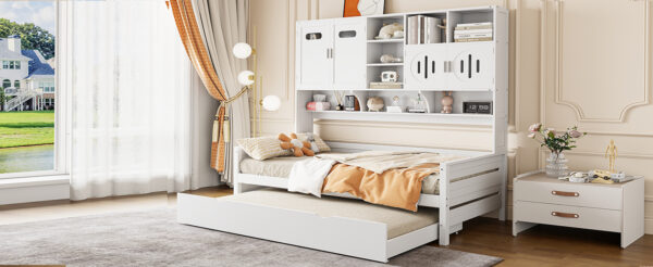 Twin Size Wooden Daybed With Twin Size Trundle, and All-in-One Cabinet and Shelf, White