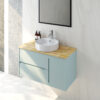 36-Inch Double Drawer + Single Door Wall-Mounted Bathroom Vanity .Blue Cabinet + Solid Wood Natural Top,Round Art Ceramic Sink Modern Minimalist Design,For Bathroom