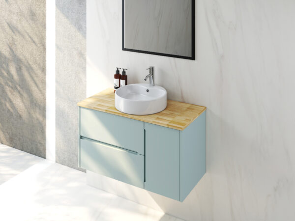 22af5be739ec4561aa629bac0dd8dd18_84a49d445cf6160488cb78c073aff012 36-Inch Double Drawer + Single Door Wall-Mounted Bathroom Vanity .Blue Cabinet + Solid Wood Natural Top,Round Art Ceramic Sink Modern Minimalist Design,For Bathroom