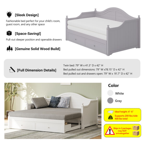 Twin Size Wood Daybed Extended Bed with Storage Drawers Wooden Sofa Bed for Living Room Guest Room, White