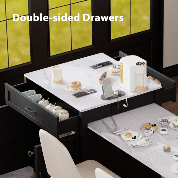 K&K 82.7 inch Kitchen Island with Extendable Dining Table for 4-6 Person,Faux Mable Kitchen Table with Double-sized Storage,Power Outlet,Kitchen island with Storage 2 Drawers 2 Side Open Shelves,Black