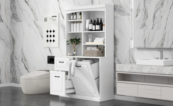 Bathroom Storage Cabinet with Tilt-Out Hamper, 70.9'' Tall Free Standing Organizer with Drawers & Adjustable Shelves, MDF Linen Tower with Steel Handles, White Finish