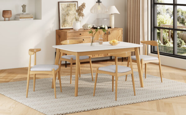 5-Piece Mid-Century Modern Dining Set - Solid Wood Frame Table + 4 Beige Upholstered Chairs(White Oak+Beige)