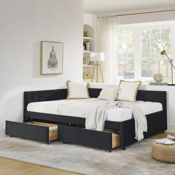 24e18c1965db4b978f322c976dcabb88_3bddb571ae5d941d48c62e705af38ce4 Full Size Upholstered Tufted Bed Frame with Two Drawers, Sofa Bed Frame with Comfortable Backrest and Armrests, Velvet, Black(79.5''x58''x25'')