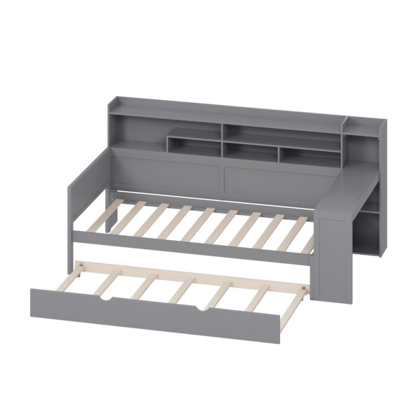 Wooden Twin Size Daybed with Storage Shelves, Multi-functional Bed with Twin Size Trundle Bed and  Study Desk, Gray