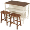 TOPMAX Solid Wood Rustic 3-piece 45" Stationary Kitchen Island Set with 2 Seatings, Rubber Wood Butcher Block Dining Table Set Prep Table Set with 2 Open Shelves for Small Places,Walnut+Cream White