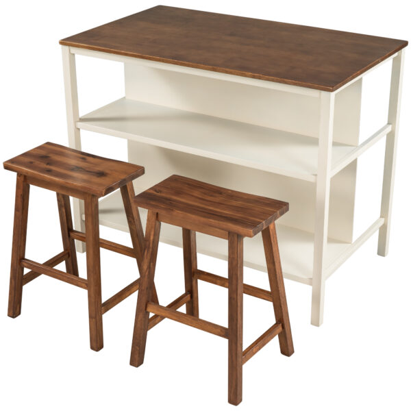 TOPMAX Solid Wood Rustic 3-piece 45" Stationary Kitchen Island Set with 2 Seatings, Rubber Wood Butcher Block Dining Table Set Prep Table Set with 2 Open Shelves for Small Places,Walnut+Cream White
