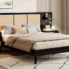Queen Size Solid Wood Bed Frame with 2 Nightstands, Elegant Design with Lamps, Rattan and Wood Combination,Black