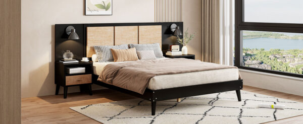 Queen Size Solid Wood Bed Frame with 2 Nightstands, Elegant Design with Lamps, Rattan and Wood Combination,Black