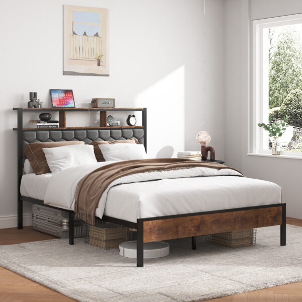 265ee0c8cd134aad9ff8ca8c7164dee7_a72f1d6b88b928fb4d64456b1dc01469 Full size bed frame, wooden platform bed frame, bedside with soft package and 2 USBs, no noise, no need for spring mattress and simple assembly tools, large bed bottom storage space, brown