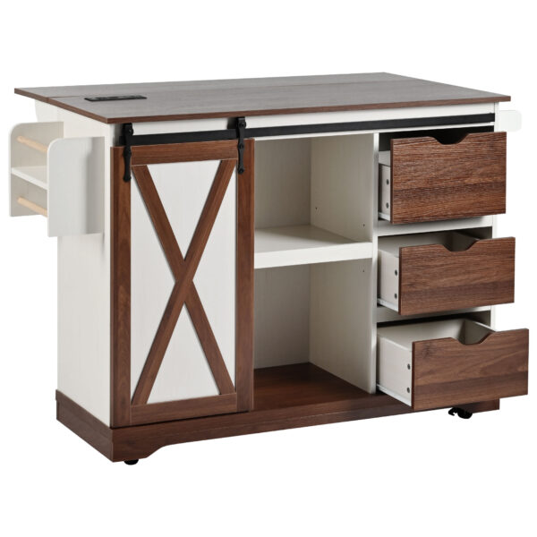 K&K 55.5" Farmhouse Kitchen Island with Drop Leaf, Kitchen Storage Island with Barn Door, Power Outlet, Rolling Kitchen Cart on Wheels with Spice Rack, for Home, Kitchen, Dining Room, White