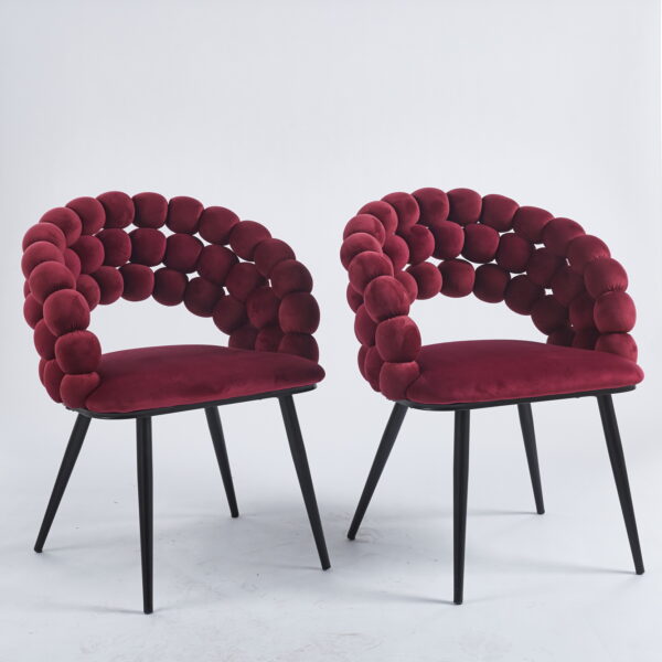 wine red  Modern chair(set of 2 ) with golden color iron tube legs,  soft cushions and comfortable backrest, suitable for dining room, living room, cafe,hairball back