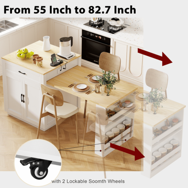 K&K 82.7 inch Kitchen Island with Extendable Dining Table for 4-6 Person,Two-tone Kitchen Table with Double-sized Storage, Power Outlet, Kitchen island with Storage 2 Drawers 2 Side Open Shelves,White