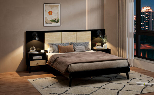 Queen Size Solid Wood Bed Frame with 2 Nightstands, Elegant Design with Lamps, Rattan and Wood Combination,Black