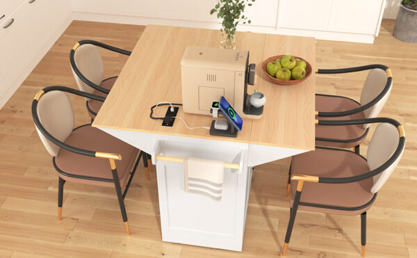 K&K 55.7'' Large Kitchen Island with 2 Drop Leaf,, Rolling Kitchen Cart on 5 Wheels with Power Outlet, Folding Storage Dining Table with Spice & Towel Rack , 3 Drawers, for Kitchen, Dining Room,White