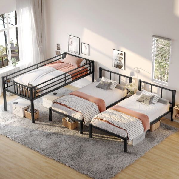 Twin over Twin & Twin Bunk Beds for 3, Twin XL over Twin & Twin Bunk Bed Metal Triple Bunk Bed, Black