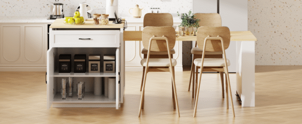 K&K 82.7 inch Kitchen Island with Extendable Dining Table for 4-6 Person,Two-tone Kitchen Table with Double-sized Storage, Power Outlet, Kitchen island with Storage 2 Drawers 2 Side Open Shelves,White