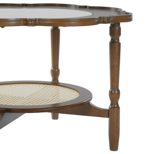 Mid-Century Style Coffee Table with Petal Shape and White Crackle Pattern Glass, 2-Tiered Coffee Table with Rattan, Walnut, 31.5"