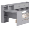 Twin Size Daybed with Storage 3 Cabinets and 2 Drawers, Wooden L-Shape Daybed Frame with Study Desk and Built-in Bookshelf, Multi-functional Bed for Bedroom Guest Room,Gray