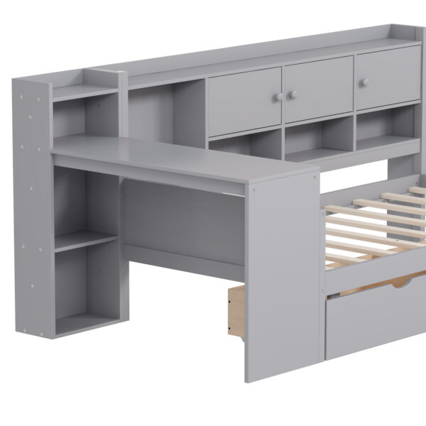 Twin Size Daybed with Storage 3 Cabinets and 2 Drawers, Wooden L-Shape Daybed Frame with Study Desk and Built-in Bookshelf, Multi-functional Bed for Bedroom Guest Room,Gray
