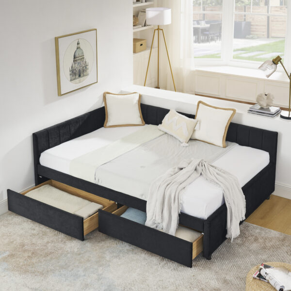 29c5339289a1445c9152aec1fff2f83a_7b5f340d97e0b0a51f84b4ec3abcd70c Full Size Upholstered Tufted Bed Frame with Two Drawers, Sofa Bed Frame with Comfortable Backrest and Armrests, Velvet, Black(79.5''x58''x25'')