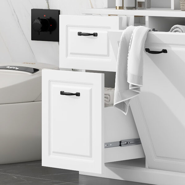 Bathroom Storage Cabinet with Tilt-Out Hamper, 70.9'' Tall Free Standing Organizer with Drawers & Adjustable Shelves, MDF Linen Tower with Steel Handles, White Finish