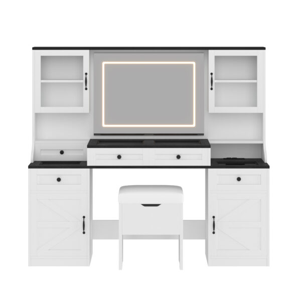 2a397f16111c454e918be8909ea2ba9d_24a117c8f6c999e045b80a970874fbb3 61.5" Farmhouse Vanity Desk with Mirror and LED Lights, Dressing Table with 5 Drawers and 4 Cabinets, Makeup Vanity Table Set with Glass Visual Desktop and Cushion Stool, for Bedroom