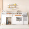 TWIN BED, SOLID WOOD TWIN SIZE LOW LOFT BED WITH STAIR, DRAWER, AND SHELF OF WHITE COLOR