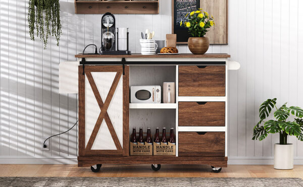 K&K 55.5" Farmhouse Kitchen Island with Drop Leaf, Kitchen Storage Island with Barn Door, Power Outlet, Rolling Kitchen Cart on Wheels with Spice Rack, for Home, Kitchen, Dining Room, White