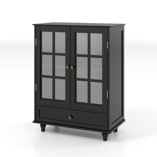 Minimalist Black Buffet Cabinet with Double Glass Doors and Drawer, Modern Wooden Storage Sideboard Cupboard for Living room, Dining Room Hallway Entryway(Black)