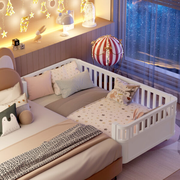 Twin Size Wood Platform Bed for Kids, Wood Low Profile Twin Bed with Rails for Girls and Boys, White (Patented Design)
