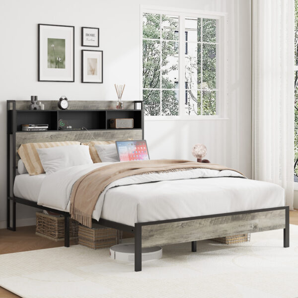 2bbeeb6d0605439c82cf1f008ea12794_eb3aa6c05fbd9995732c045de9948e3c Full size bed frame, wooden platform bed frame, with storage and 2 USBs, no noise, no need for box springs, easy to assemble tools, large storage space under the bed, Antique Gray