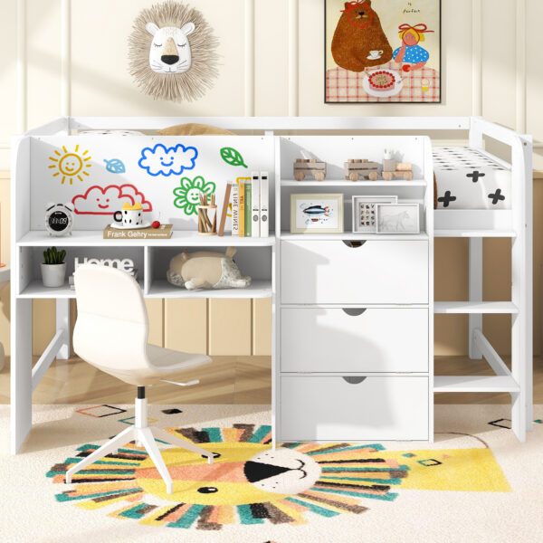 Full Size Low Loft Bed with Built-in Desk,Storage Cabinets and Open Bookcase,Whiteboard for Graffiti,White(ETA:7/8)
