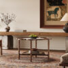 Mid-Century Style Coffee Table with Petal Shape and White Crackle Pattern Glass, 2-Tiered Coffee Table with Rattan, Walnut, 31.5"
