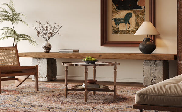 Mid-Century Style Coffee Table with Petal Shape and White Crackle Pattern Glass, 2-Tiered Coffee Table with Rattan, Walnut, 31.5"