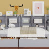 Twin Size Daybed with Storage 3 Cabinets and 2 Drawers, Wooden L-Shape Daybed Frame with Study Desk and Built-in Bookshelf, Multi-functional Bed for Bedroom Guest Room,Gray
