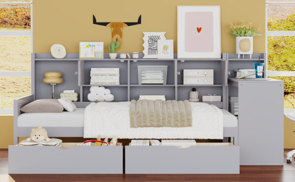 Twin Size Daybed with Storage 3 Cabinets and 2 Drawers, Wooden L-Shape Daybed Frame with Study Desk and Built-in Bookshelf, Multi-functional Bed for Bedroom Guest Room,Gray